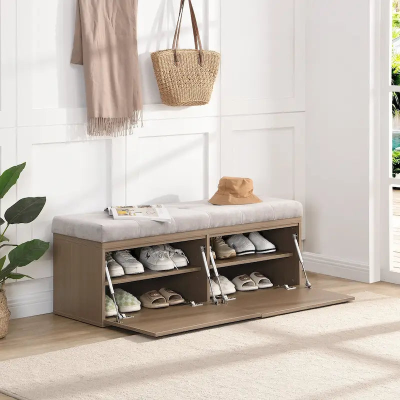 Panca scarpiera da ingresso da 124 cm con ante a doppio battente e cuscino imbottito, pouf salvaspazio