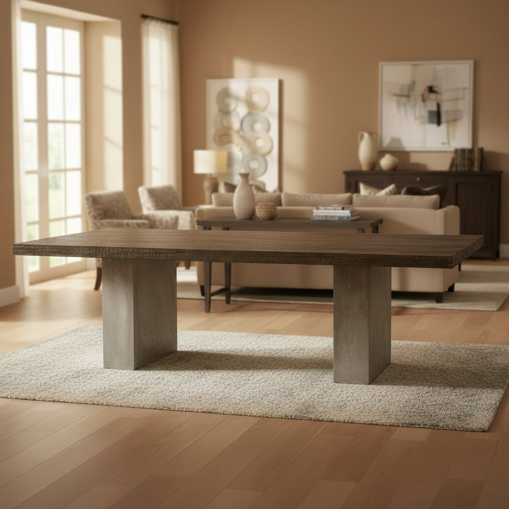 Cid Ari Dining Table, Concrete Base 118 Inch Rectangular Brown Oak Top