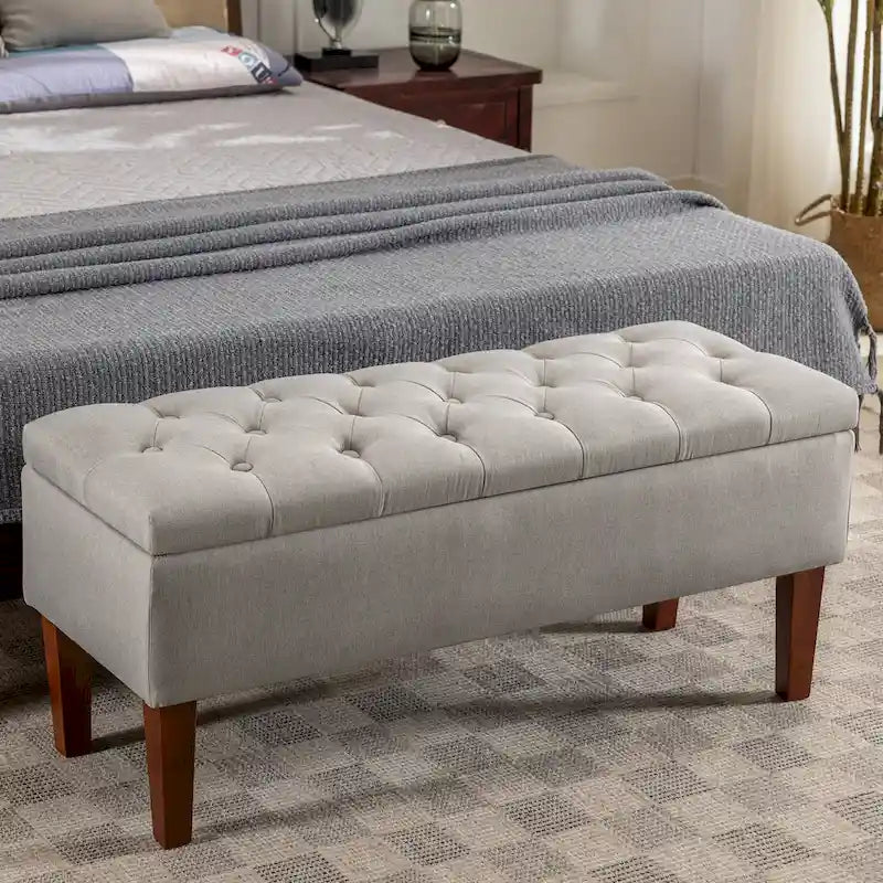 Panca contenitore in tessuto con gambe in legno di gomma