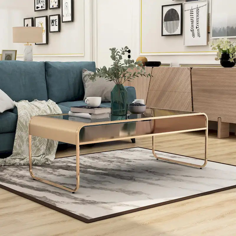 Tavolino da caffè contemporaneo con ripiano e piano in vetro da 122 cm