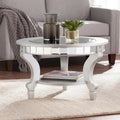 SEI Furniture Olivia Contemporary Mirrored Round Coffee Table in Matte Silver Details and Shelf