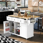 Isola da Cucina con Piano d'Appoggio e Ante a Scomparsa in Legno di Gomma da 53 Pollici su 5 Ruote con Mobile Contenitore e 3 Cassetti - 53