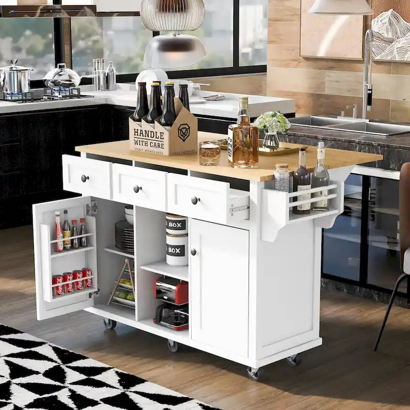 Isola da Cucina con Piano d'Appoggio e Ante a Scomparsa in Legno di Gomma da 53 Pollici su 5 Ruote con Mobile Contenitore e 3 Cassetti - 53
