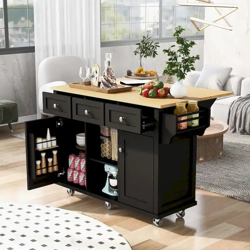 Isola da Cucina con Piano d'Appoggio e Ante a Scomparsa in Legno di Gomma da 53 Pollici su 5 Ruote con Mobile Contenitore e 3 Cassetti - 53