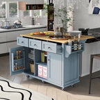 53 in. Rubber Wood Drop-Leaf Countertop Kitchen Island on 5 Wheels with Storage Cabinet and 3 Drawers - 53