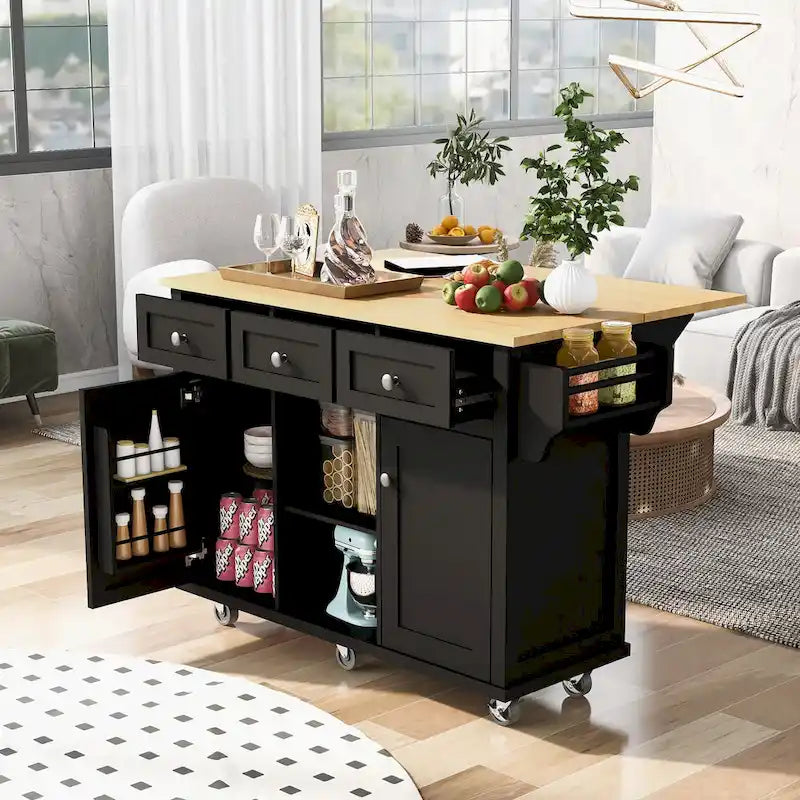 Isola da Cucina con Piano d'Appoggio e Ante a Scomparsa in Legno di Gomma da 53 Pollici su 5 Ruote con Mobile Contenitore e 3 Cassetti - 53