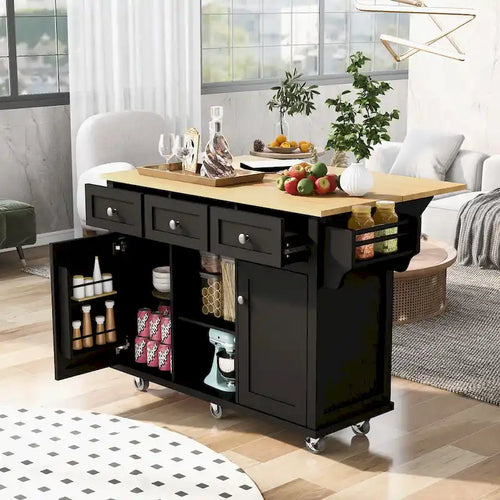 Isola da Cucina con Piano d'Appoggio e Ante a Scomparsa in Legno di Gomma da 53 Pollici su 5 Ruote con Mobile Contenitore e 3 Cassetti - 53