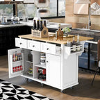 Isola da Cucina con Piano d'Appoggio e Ante a Scomparsa in Legno di Gomma da 53 Pollici su 5 Ruote con Mobile Contenitore e 3 Cassetti - 53