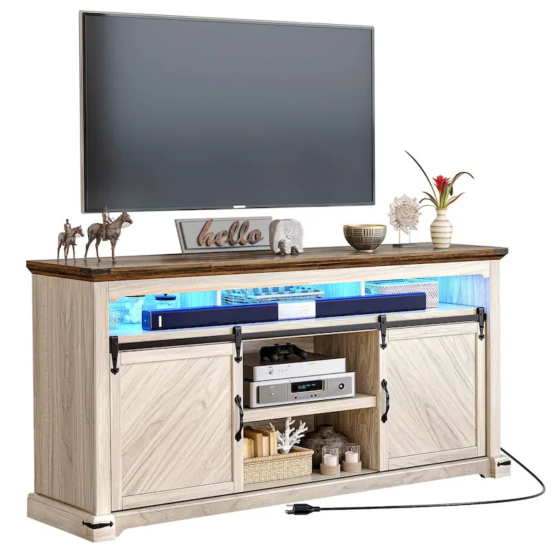 Mobile Porta TV da Fattoria per TV fino a 75 pollici con Ante Scorrevoli a Barn e Luci LED