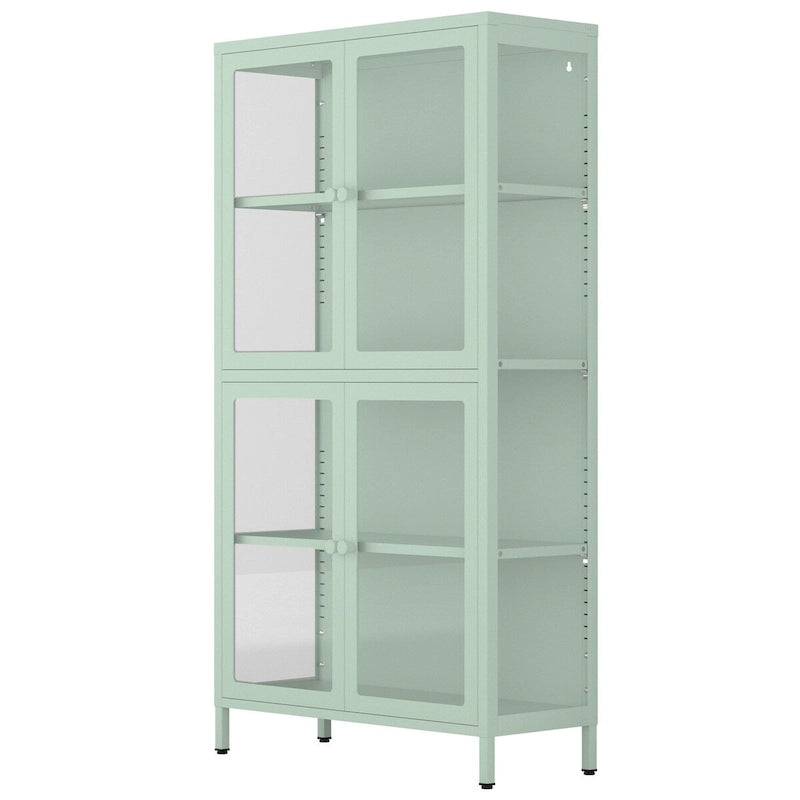 Mobile contenitore con quattro ante in vetro, ripiani regolabili e piedini, in acciaio laminato a freddo