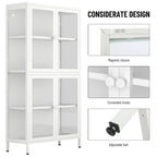 Mobile contenitore con quattro ante in vetro, ripiani regolabili e piedini, in acciaio laminato a freddo