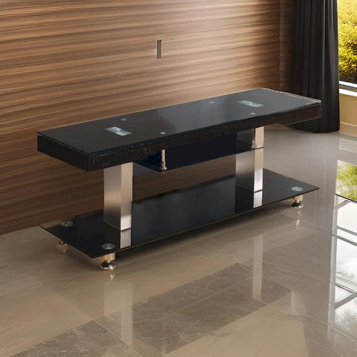60 Inch TV Entertainment Console, Long Glass Media Shelf, Chrome Accents